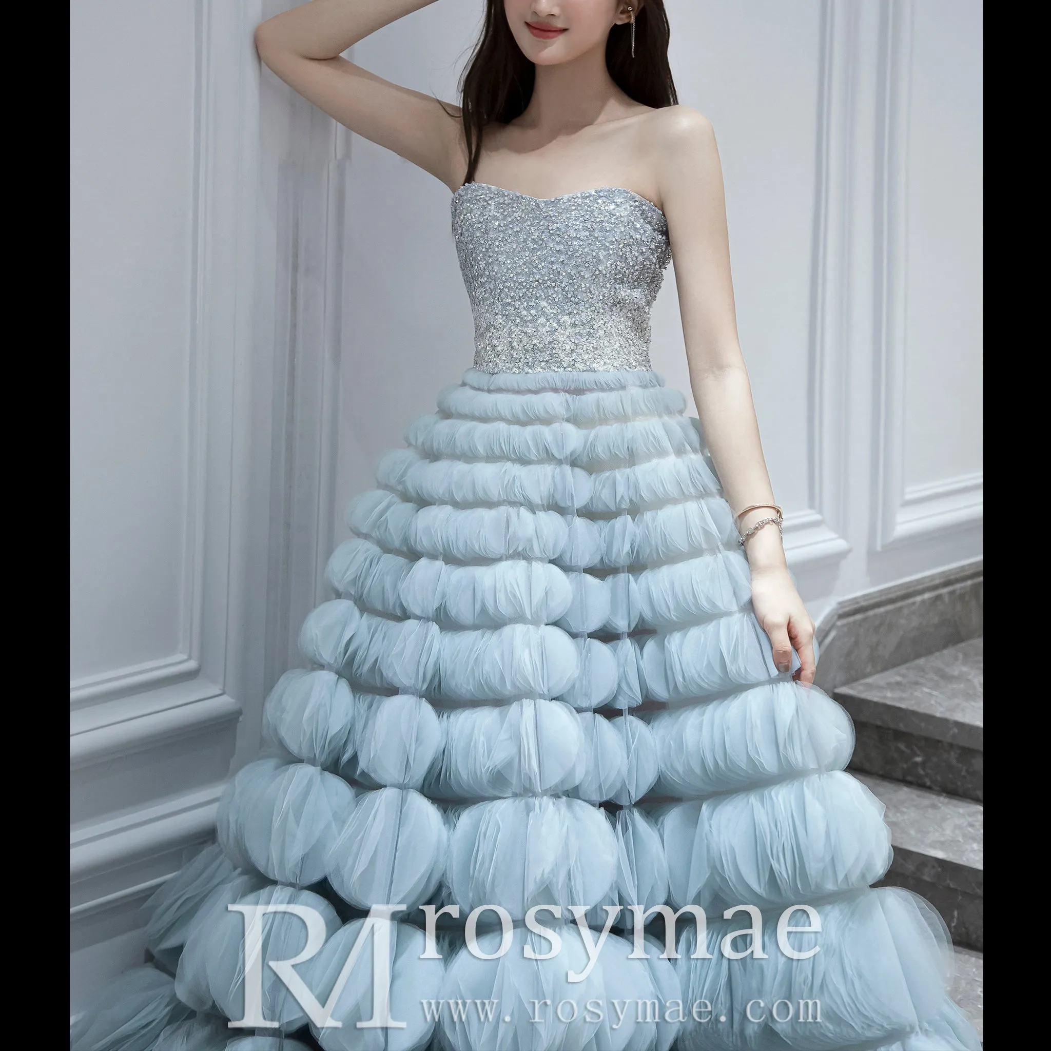 Strapless A-line Light Blue Prom Dresses Party Gown with Puffy Skirt