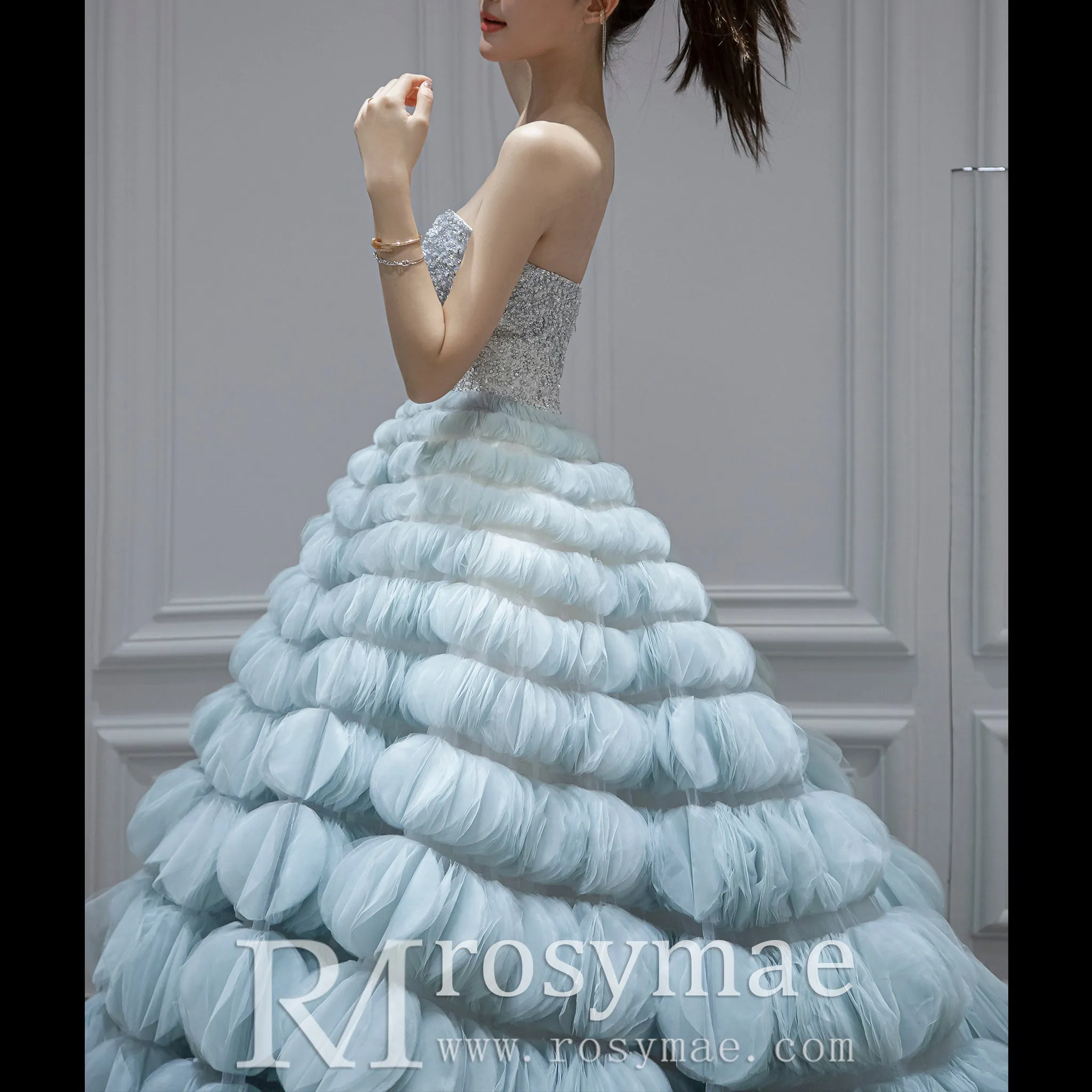 Strapless A-line Light Blue Prom Dresses Party Gown with Puffy Skirt