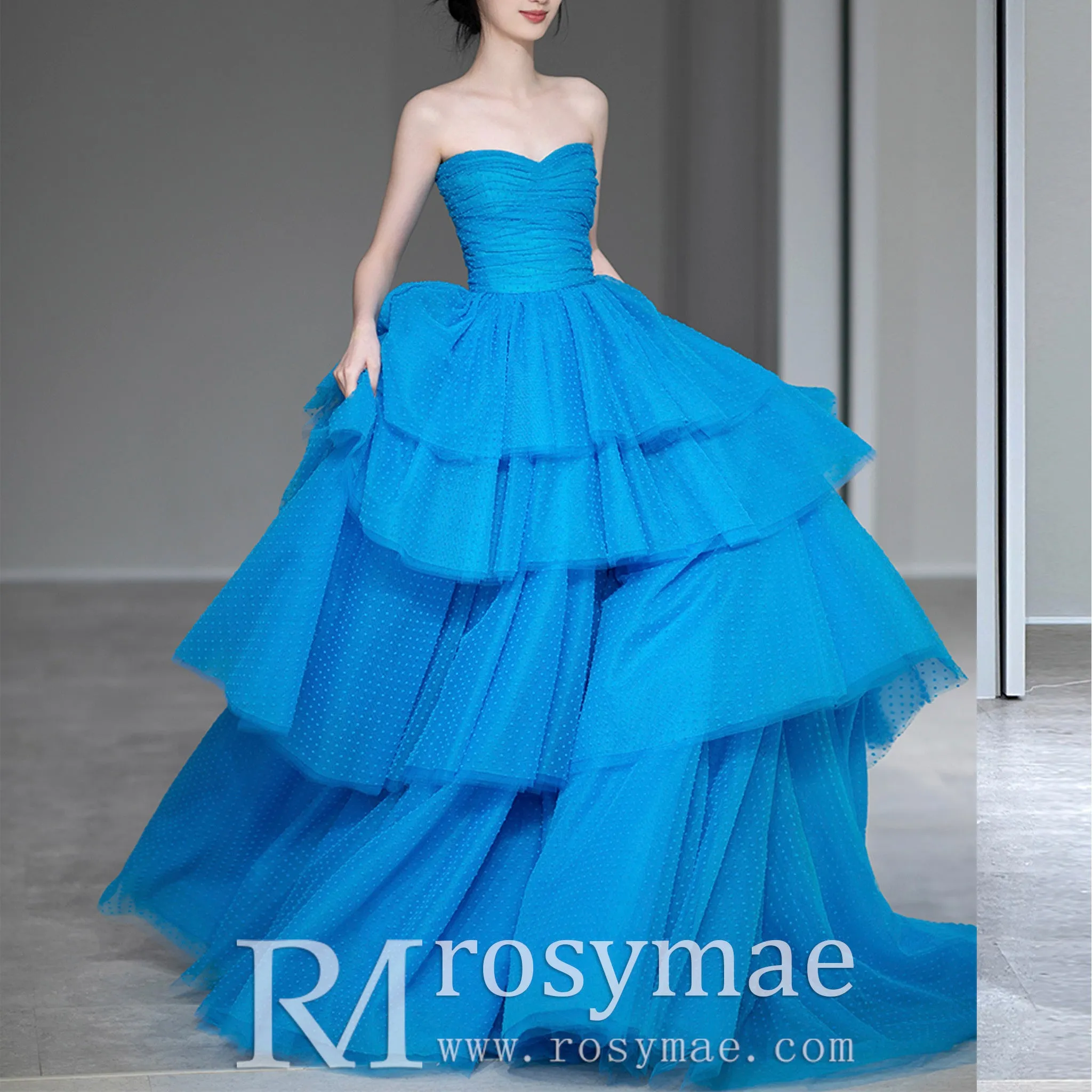 Strapless Boat Neckline Dot Tulle Party Evening Dress Formal Gown