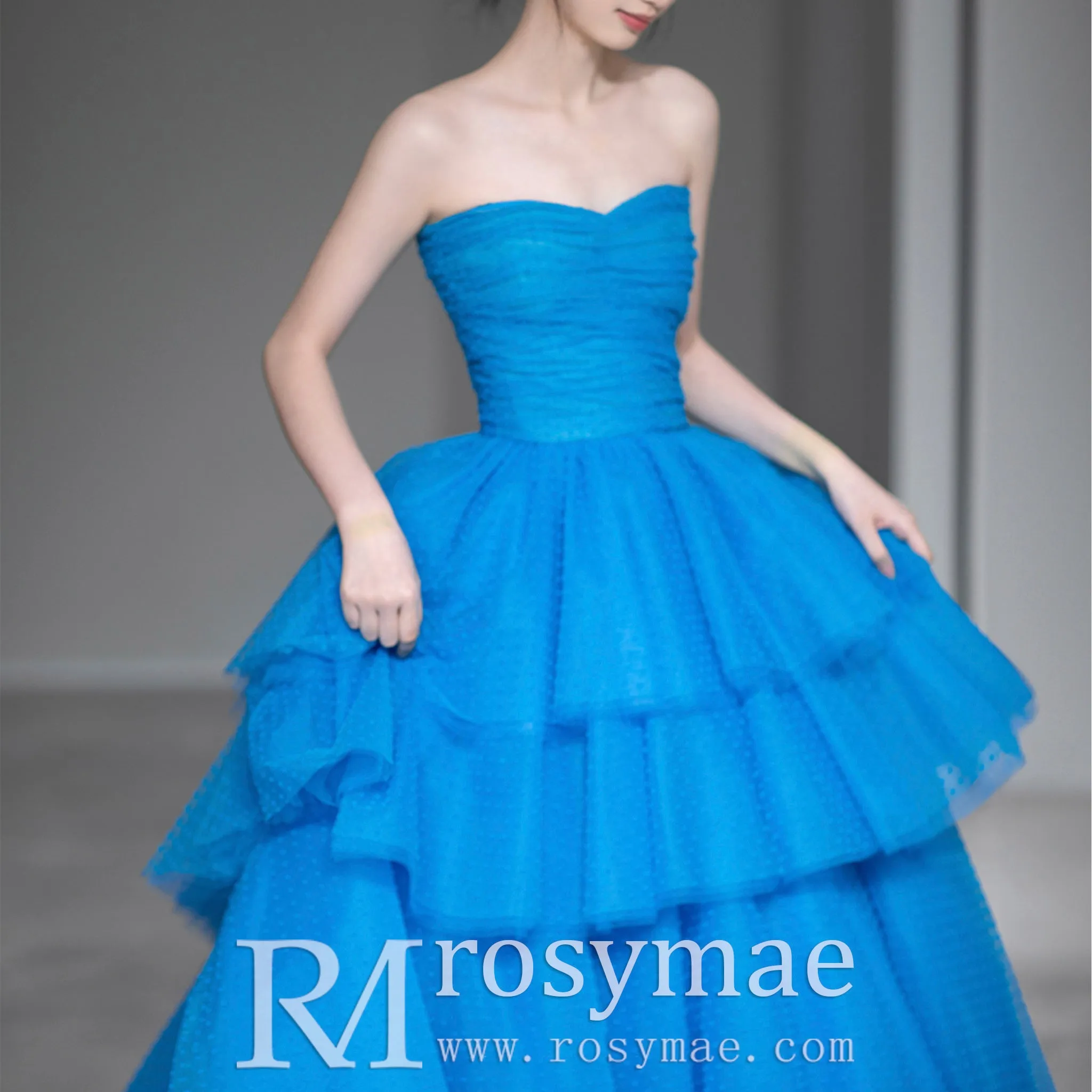 Strapless Boat Neckline Dot Tulle Party Evening Dress Formal Gown