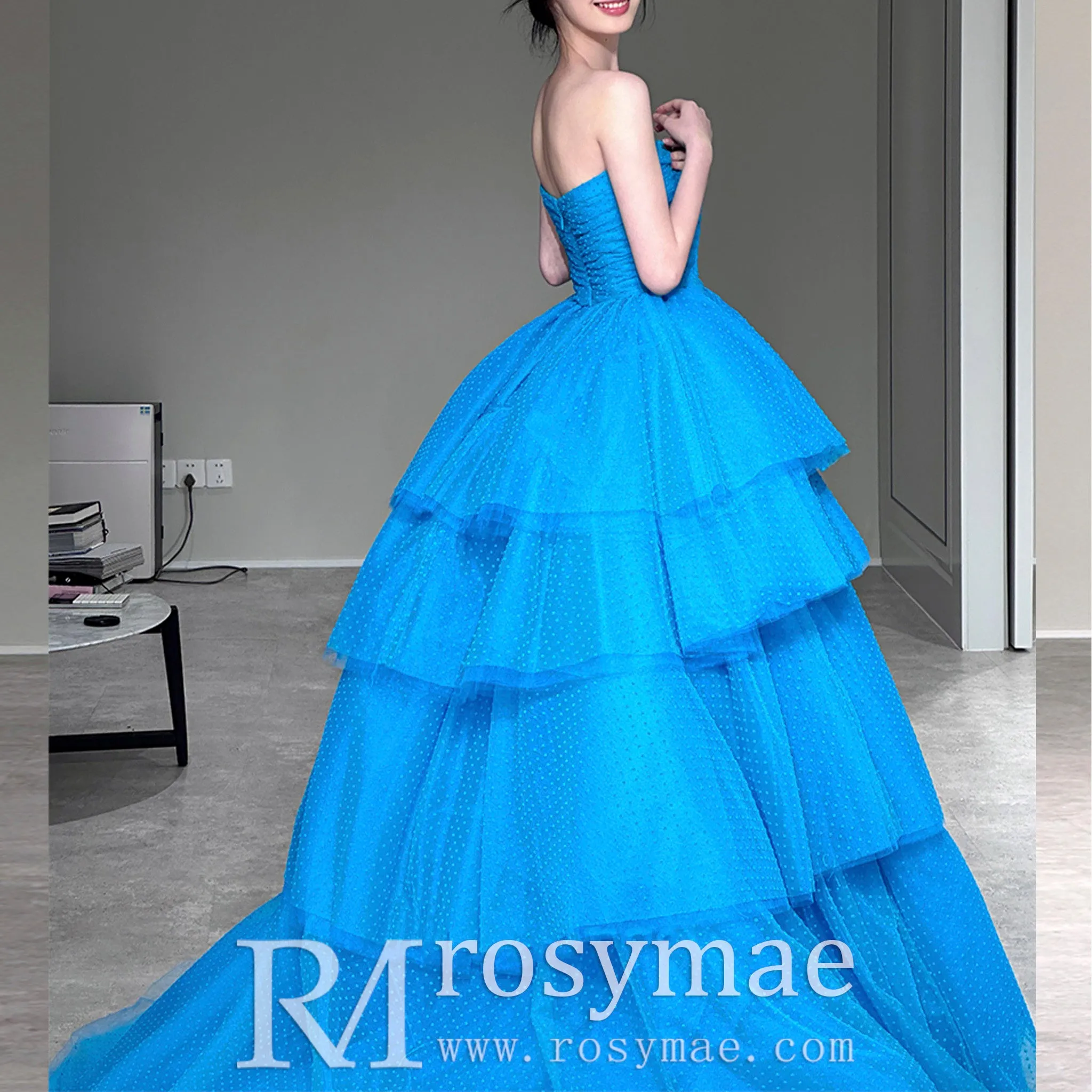 Strapless Boat Neckline Dot Tulle Party Evening Dress Formal Gown