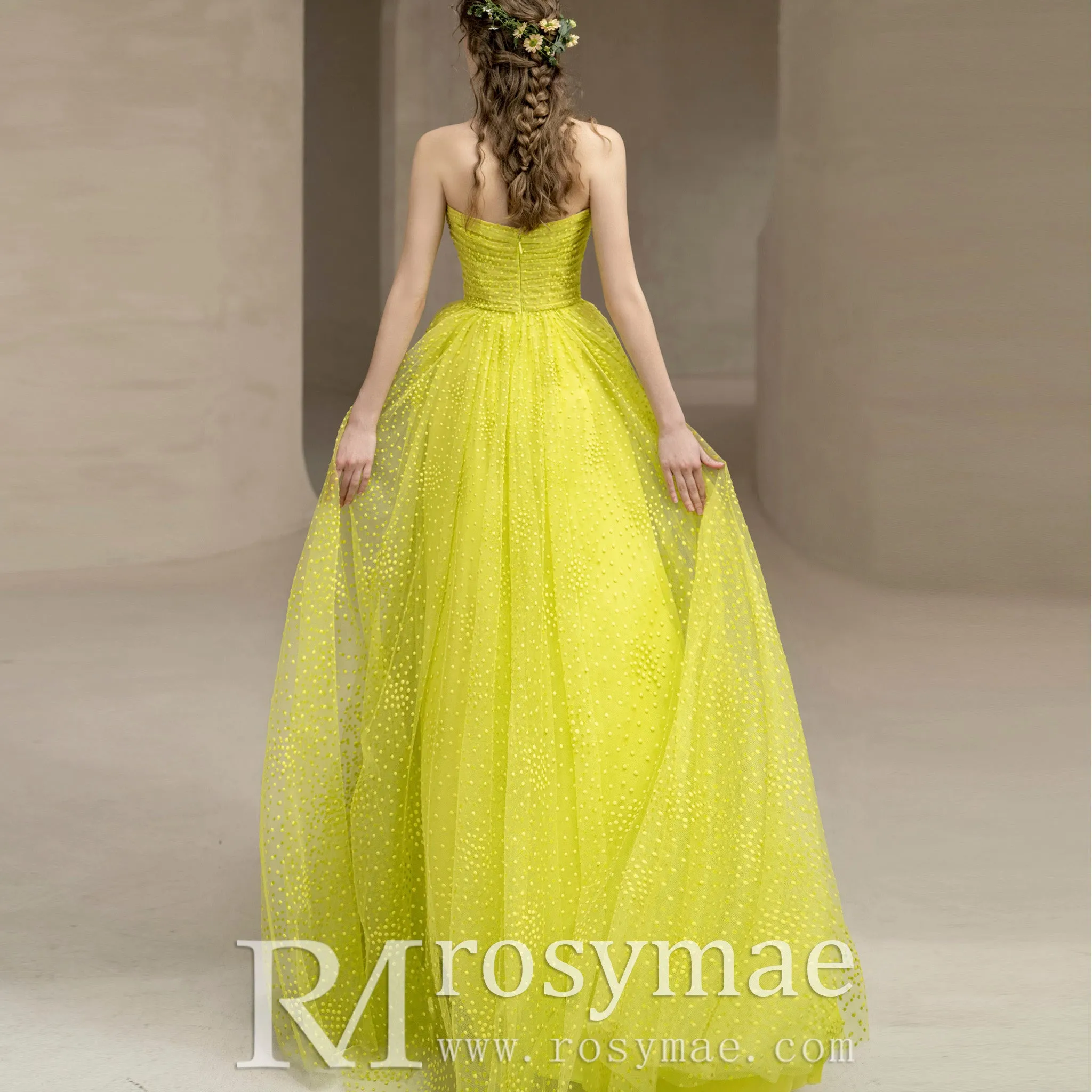 Strapless Boat Neckline Dot Tulle Party Evening Dress Formal Gown