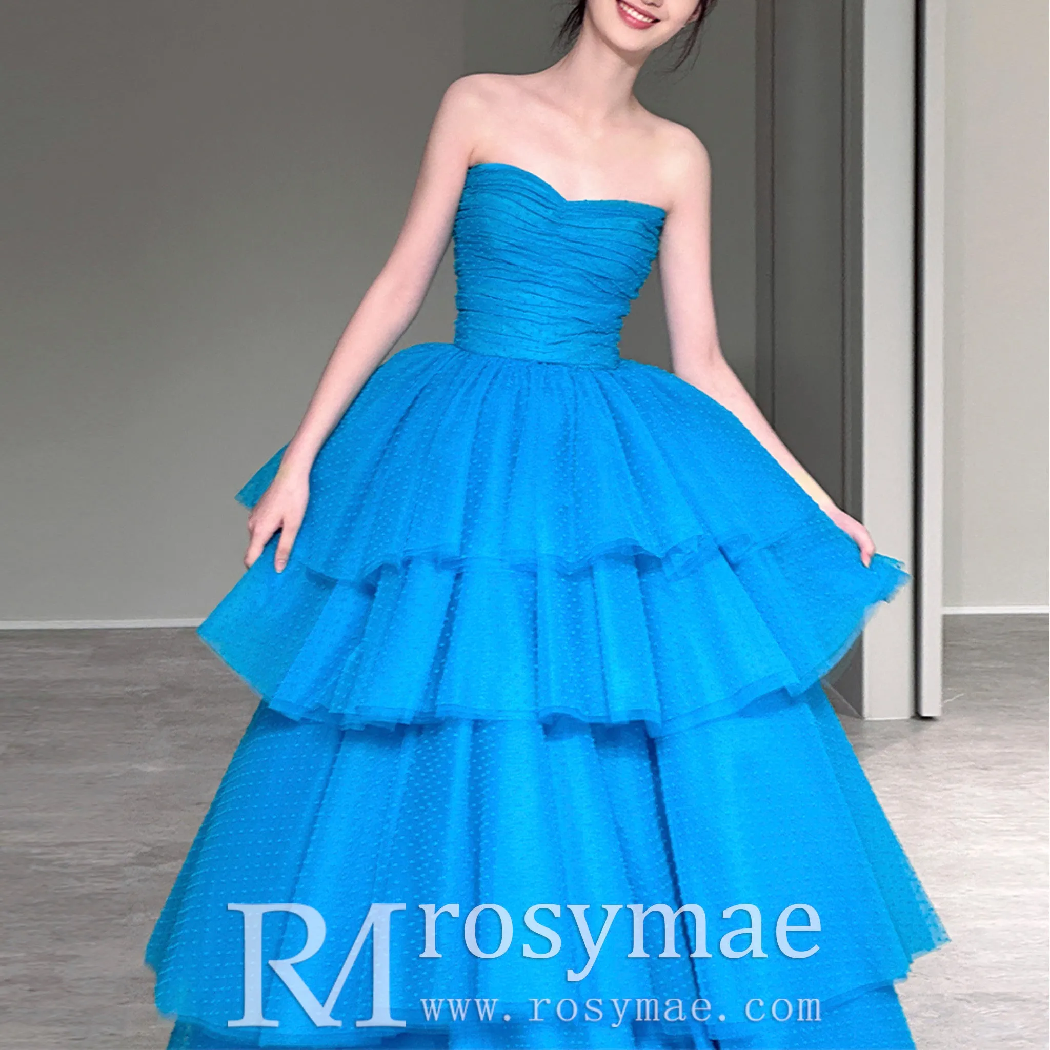 Strapless Boat Neckline Dot Tulle Party Evening Dress Formal Gown