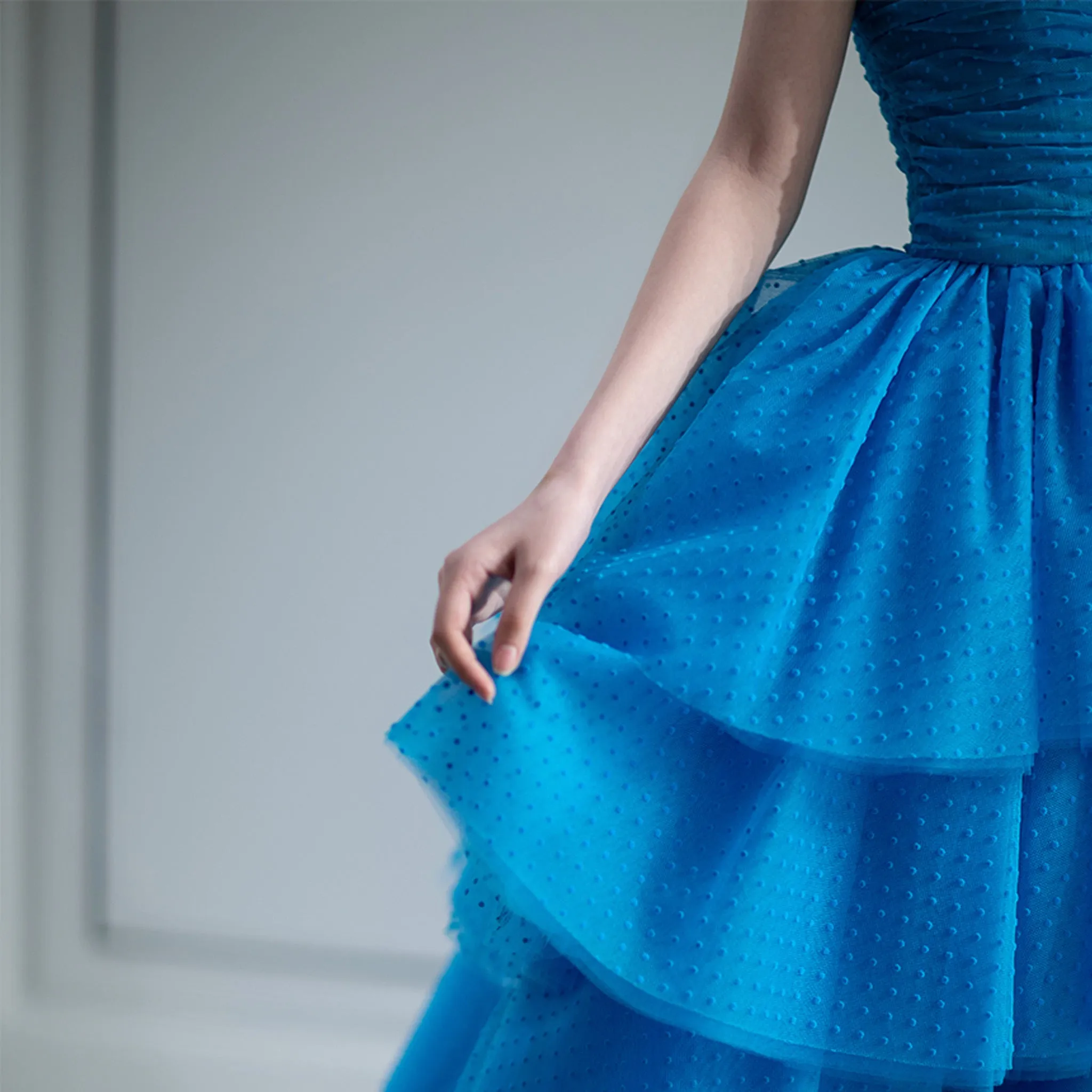 Strapless Boat Neckline Dot Tulle Party Evening Dress Formal Gown