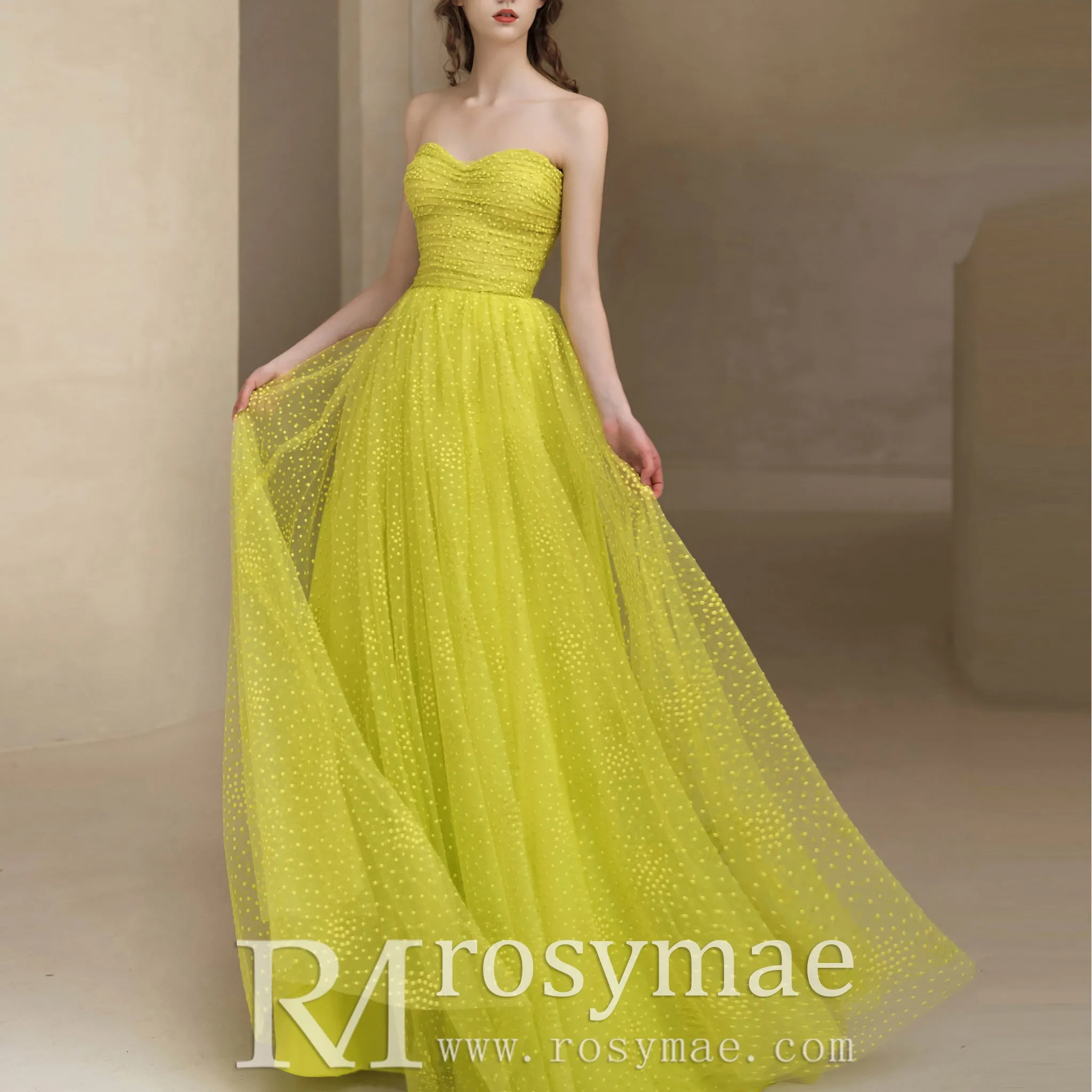 Strapless Boat Neckline Dot Tulle Party Evening Dress Formal Gown