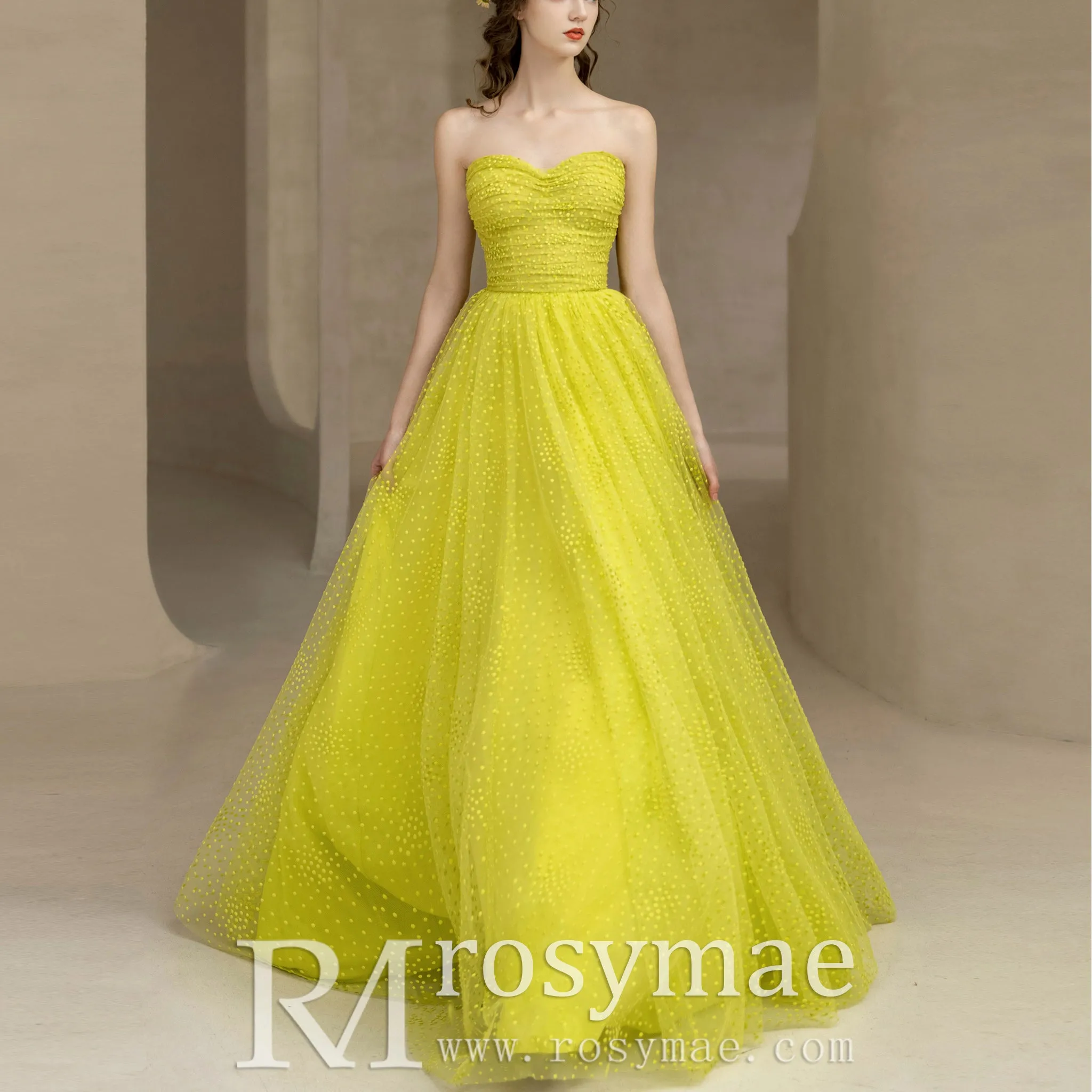 Strapless Boat Neckline Dot Tulle Party Evening Dress Formal Gown