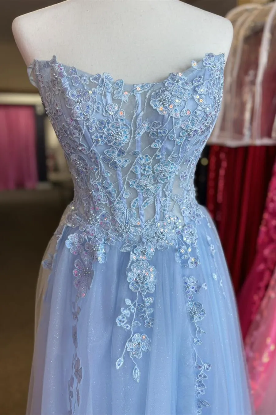Strapless Light Blue Appliques A-line Long Dress
