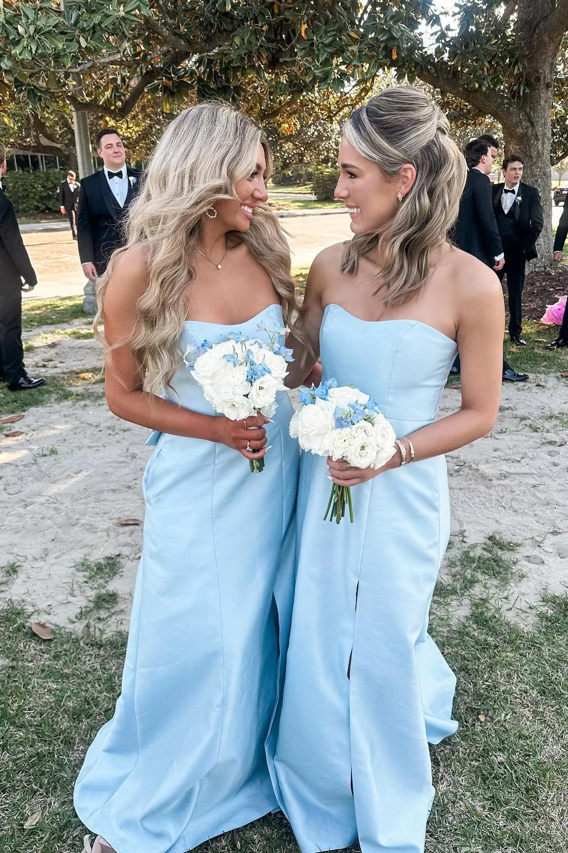 Strapless Light Blue Satin A-line Long Bridesmaid Dress