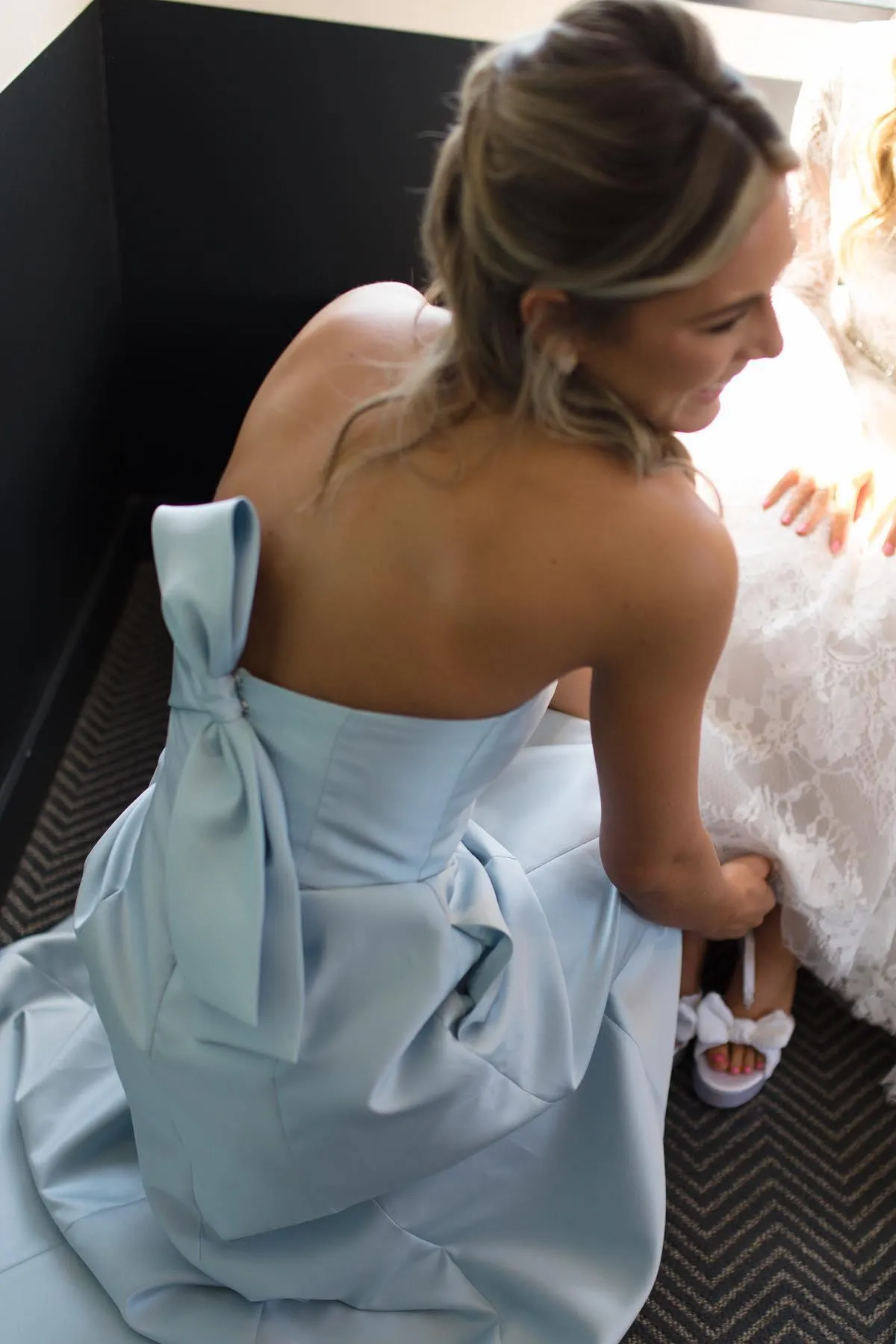 Strapless Light Blue Satin A-line Long Bridesmaid Dress