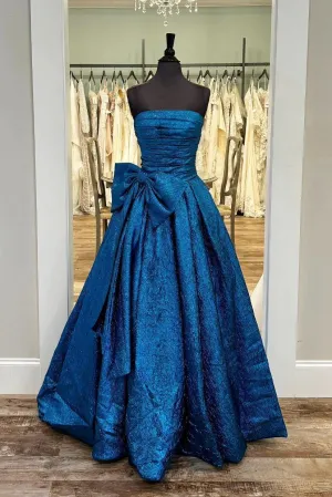 Strapless Royal Blue Ruched A-line Long Formal Gown