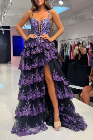 Straps Sequin Layered Formal Dresses with Slit