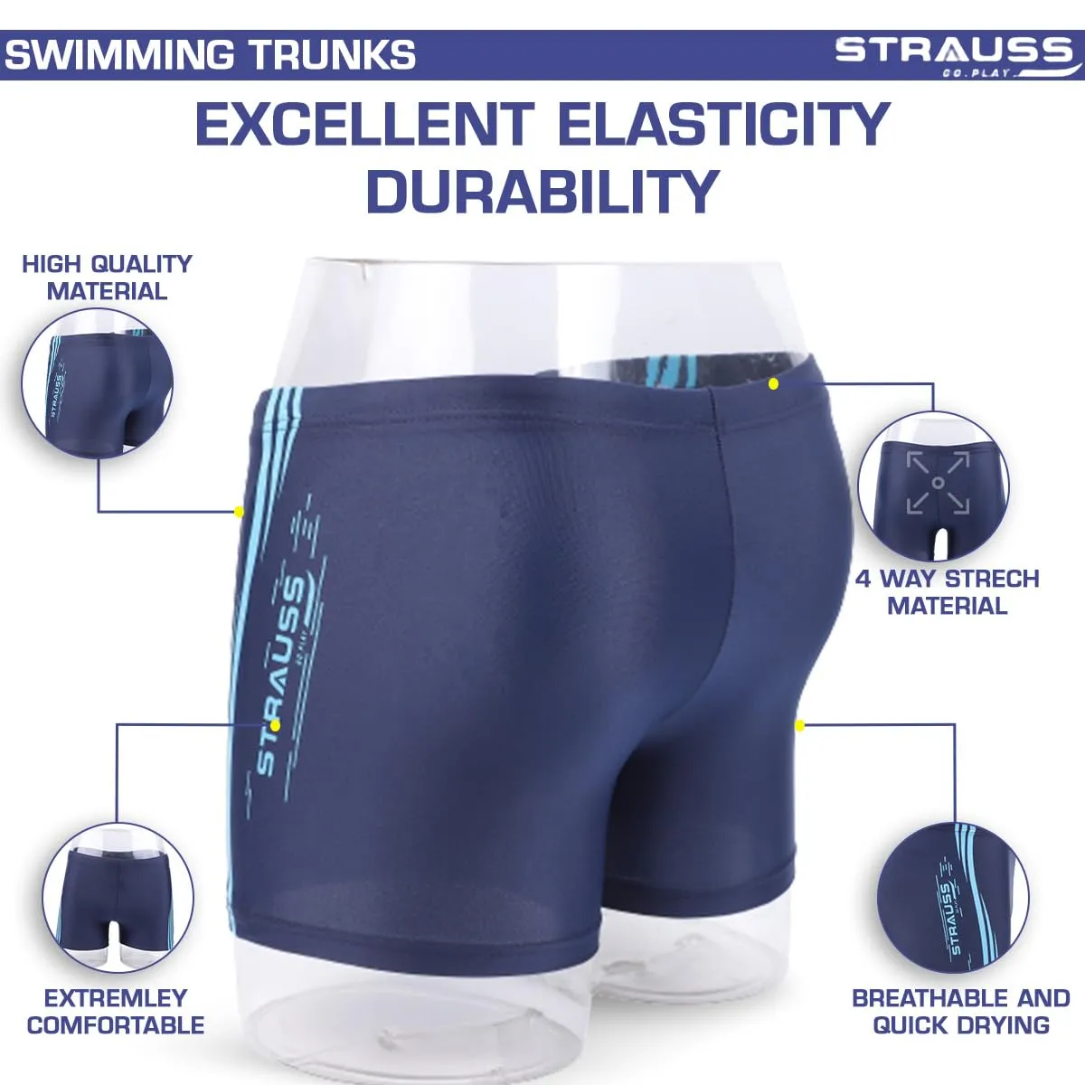 STRAUSS Swimming Shorts: Versatile Trunks with Quick-Drying Fabric | L | Blue Lines