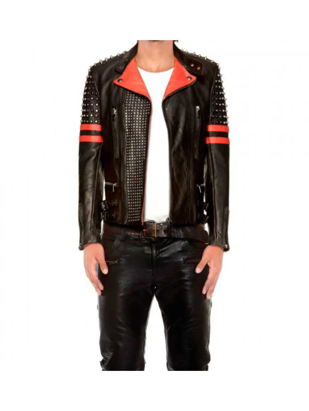 Studded Black & Red Biker Genuine Leather Jacket for Men