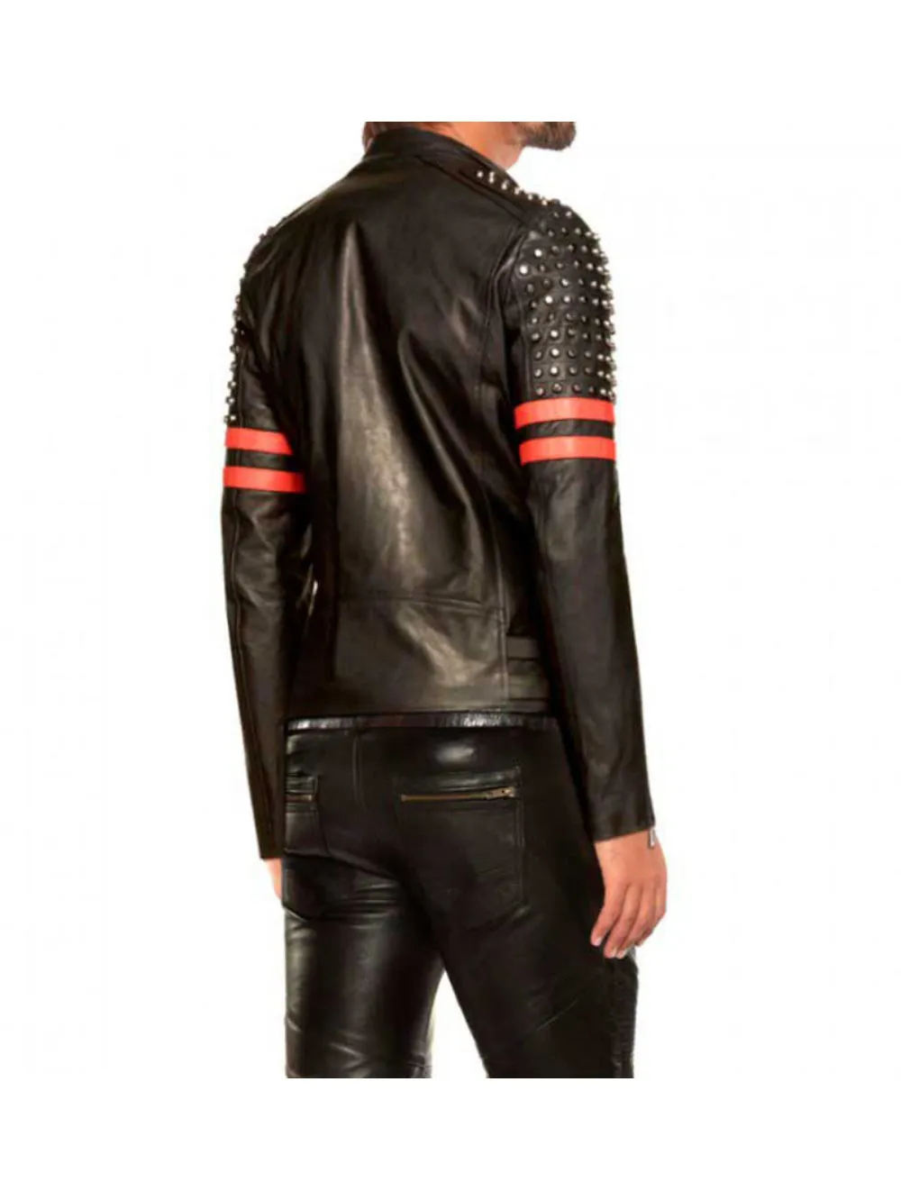 Studded Black & Red Biker Genuine Leather Jacket for Men