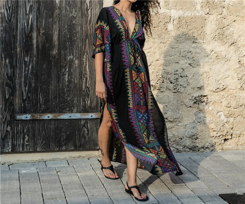 Summer Women Tunic Beach Wear Sexy Plunging Neck V Back Side Split Black Indie Folk Embroidery Kaftan Dress Vestidos Q645
