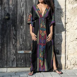 Summer Women Tunic Beach Wear Sexy Plunging Neck V Back Side Split Black Indie Folk Embroidery Kaftan Dress Vestidos Q645