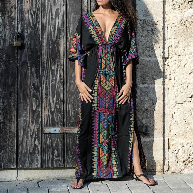 Summer Women Tunic Beach Wear Sexy Plunging Neck V Back Side Split Black Indie Folk Embroidery Kaftan Dress Vestidos Q645