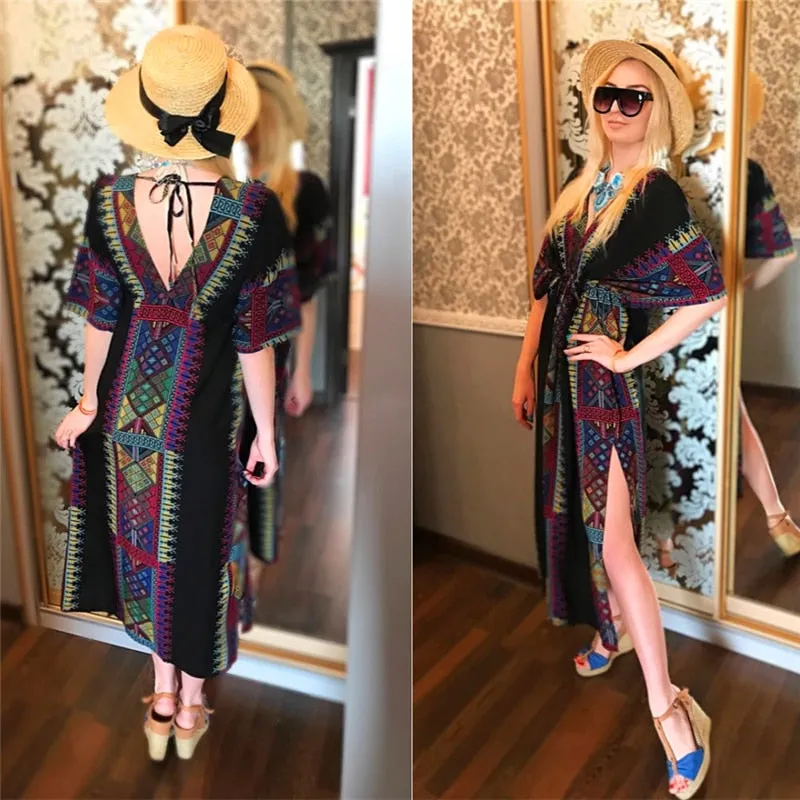 Summer Women Tunic Beach Wear Sexy Plunging Neck V Back Side Split Black Indie Folk Embroidery Kaftan Dress Vestidos Q645