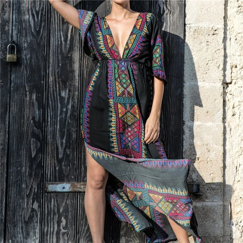 Summer Women Tunic Beach Wear Sexy Plunging Neck V Back Side Split Black Indie Folk Embroidery Kaftan Dress Vestidos Q645