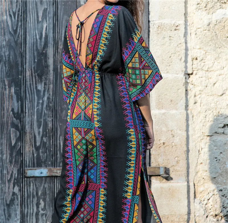 Summer Women Tunic Beach Wear Sexy Plunging Neck V Back Side Split Black Indie Folk Embroidery Kaftan Dress Vestidos Q645
