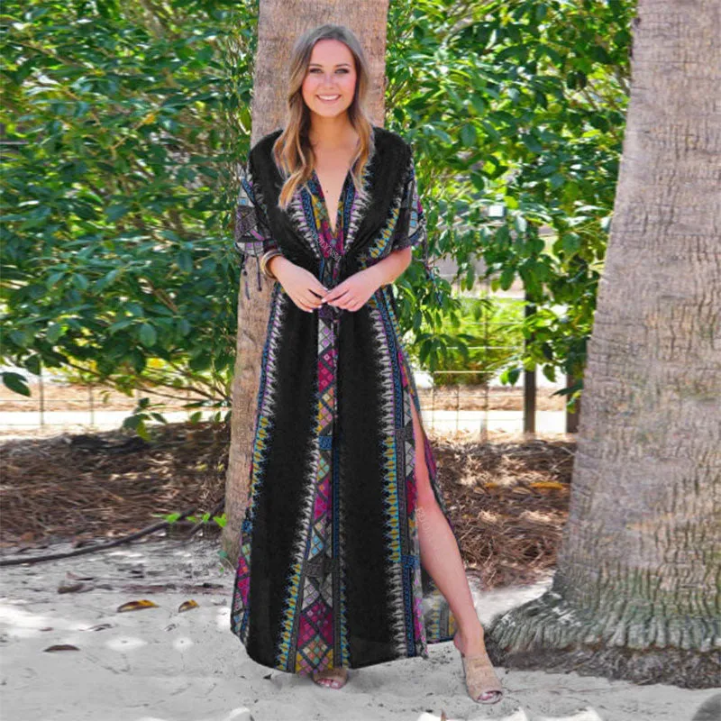 Summer Women Tunic Beach Wear Sexy Plunging Neck V Back Side Split Black Indie Folk Embroidery Kaftan Dress Vestidos Q645