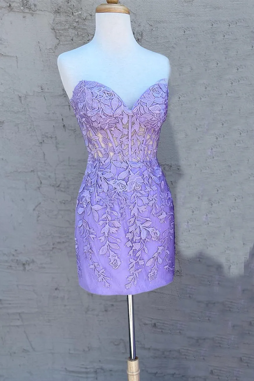 Sweetheart Lavender Lace Appliques Bodycon Mini Dress