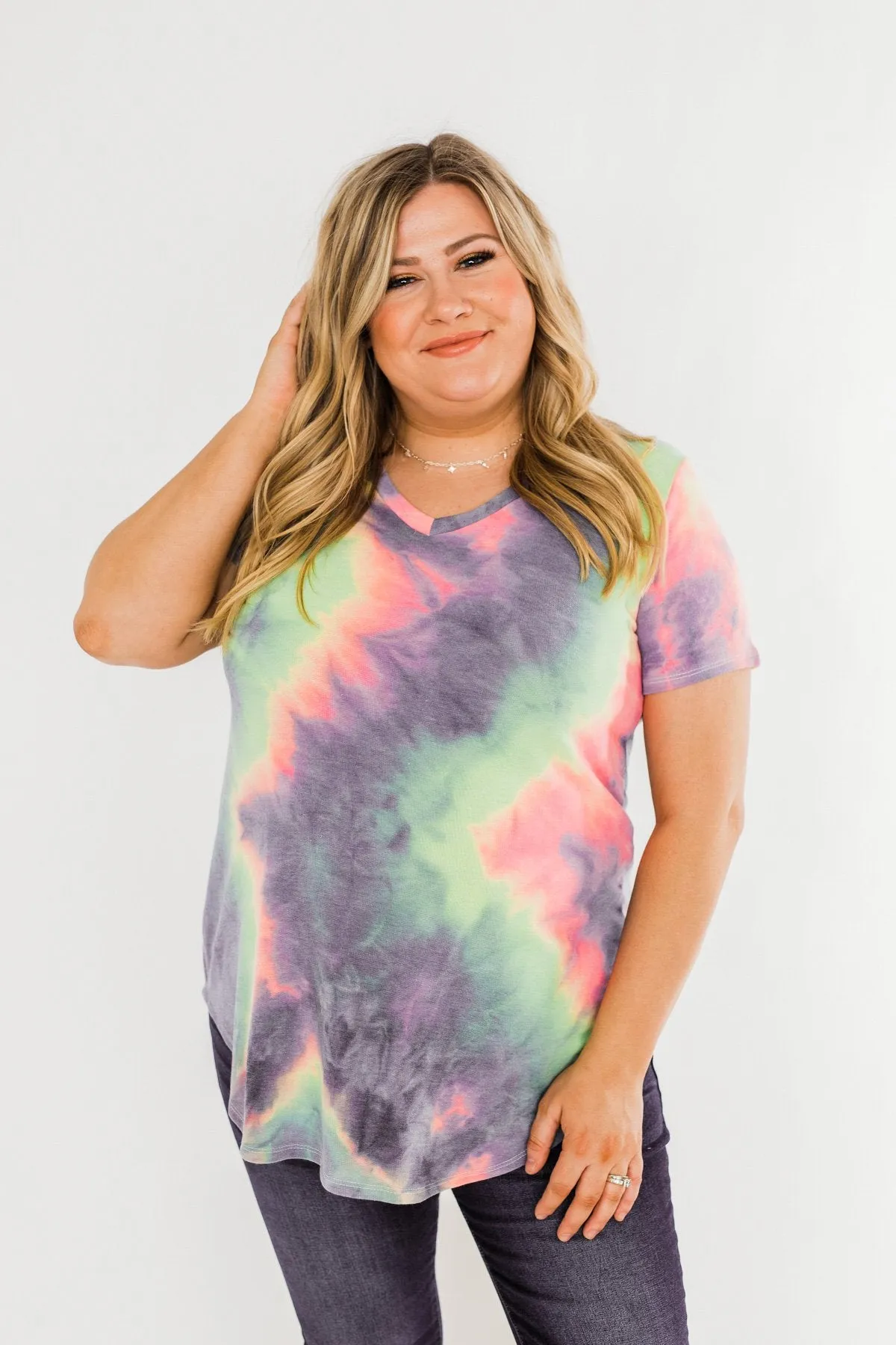 Tie Dye V-Neck Top- Purple, Lime, Pink