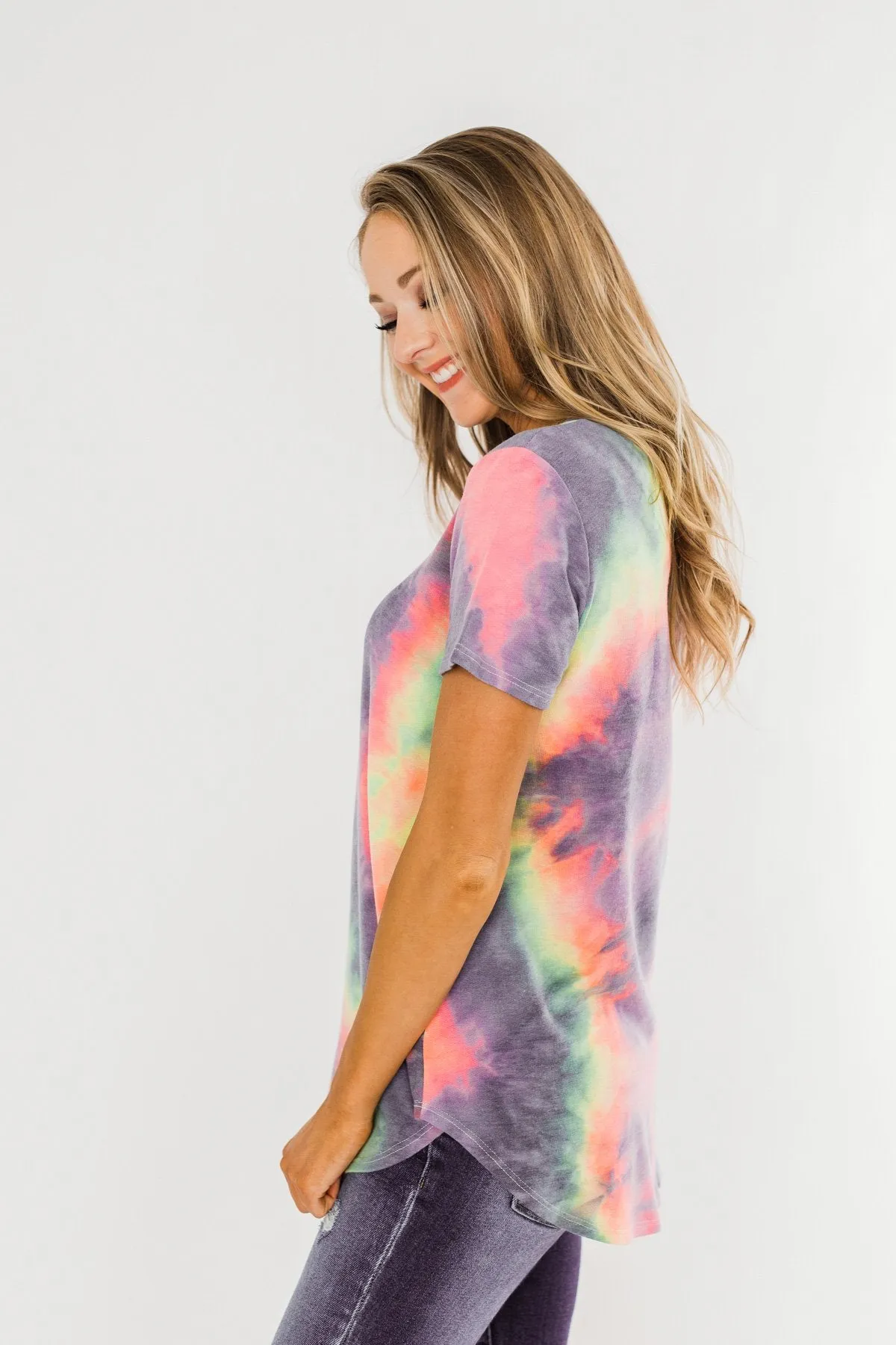 Tie Dye V-Neck Top- Purple, Lime, Pink
