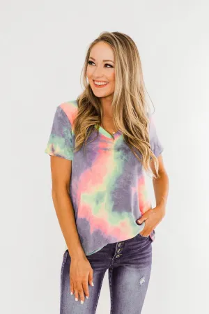 Tie Dye V-Neck Top- Purple, Lime, Pink