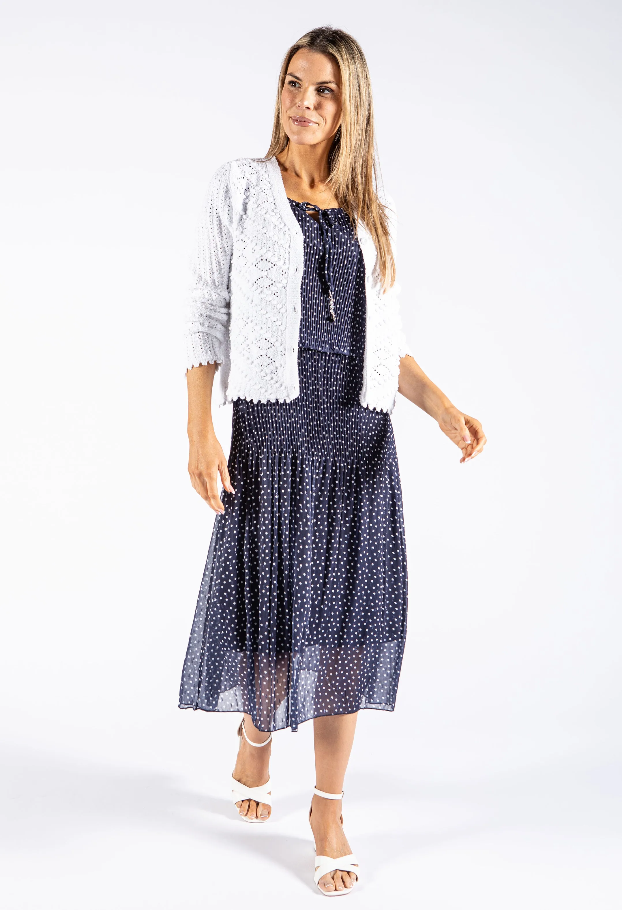 Tie Neck Polka Dot Plisse Dress