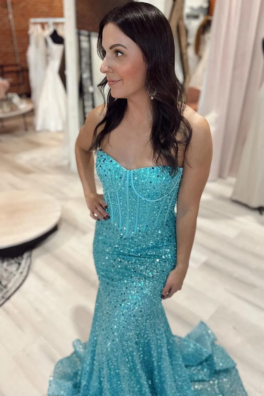 Tiffany Blue Sequin Mermaid Long Party Dress