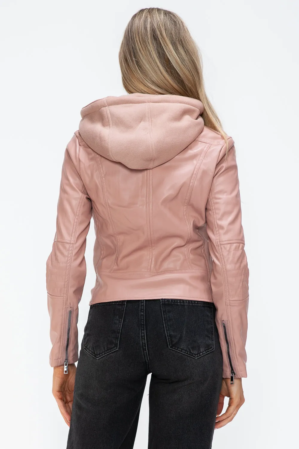 TR-10010086233 Snobbish Faux Leather Zip Up Drawstring Hooded Jacket