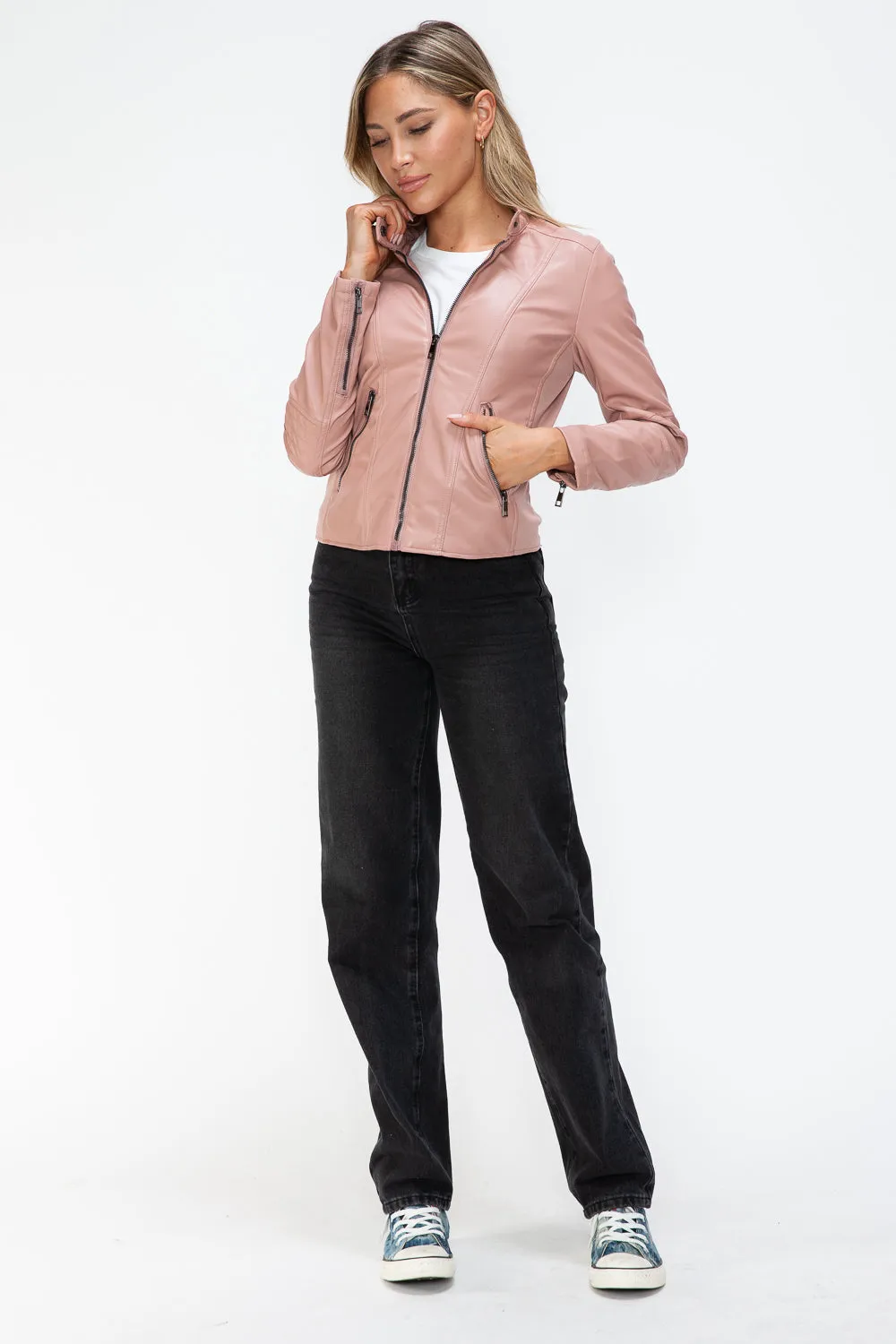 TR-10010086233 Snobbish Faux Leather Zip Up Drawstring Hooded Jacket