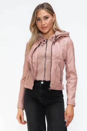 TR-10010086233 Snobbish Faux Leather Zip Up Drawstring Hooded Jacket