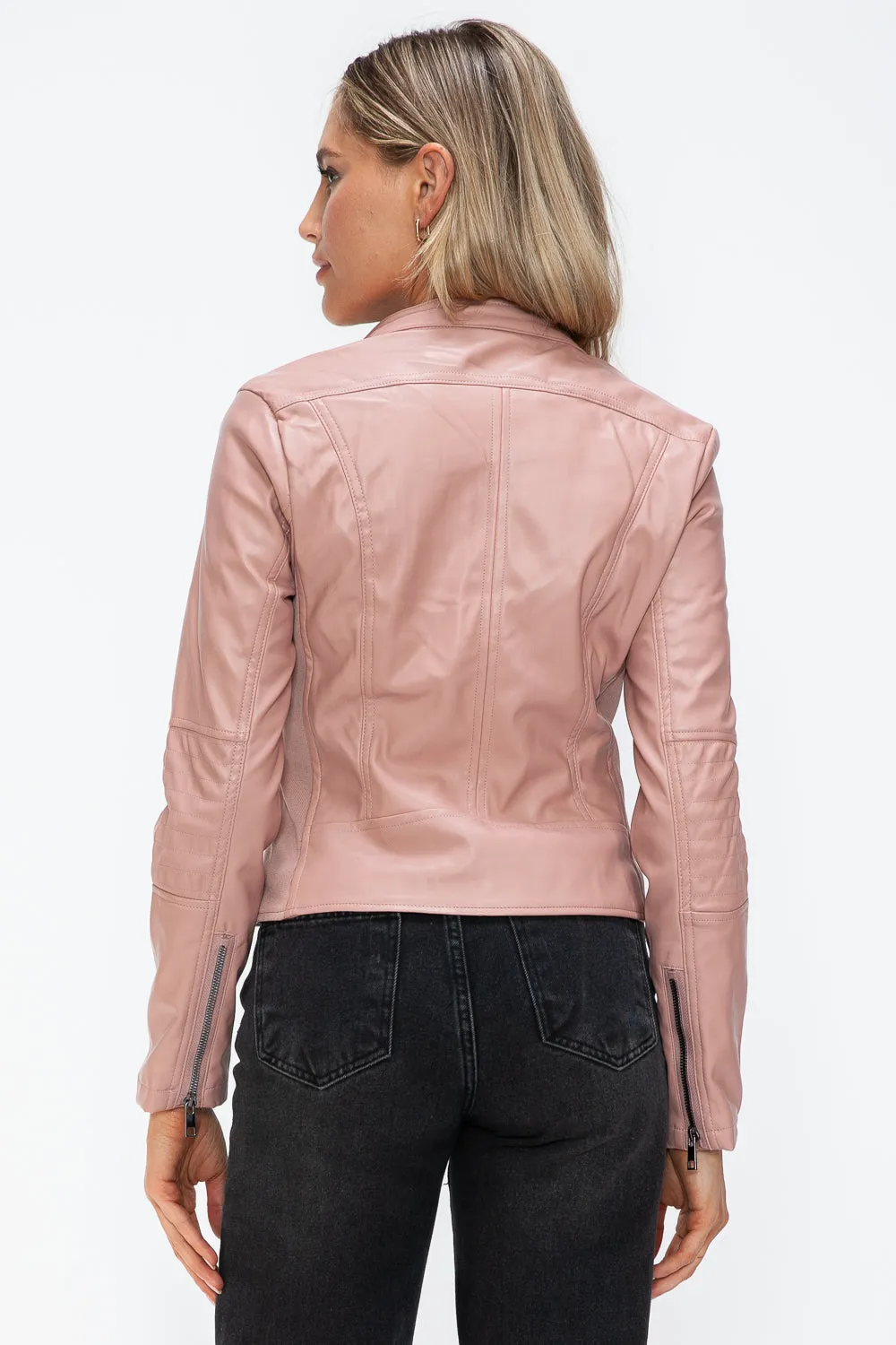 TR-10010086233 Snobbish Faux Leather Zip Up Drawstring Hooded Jacket