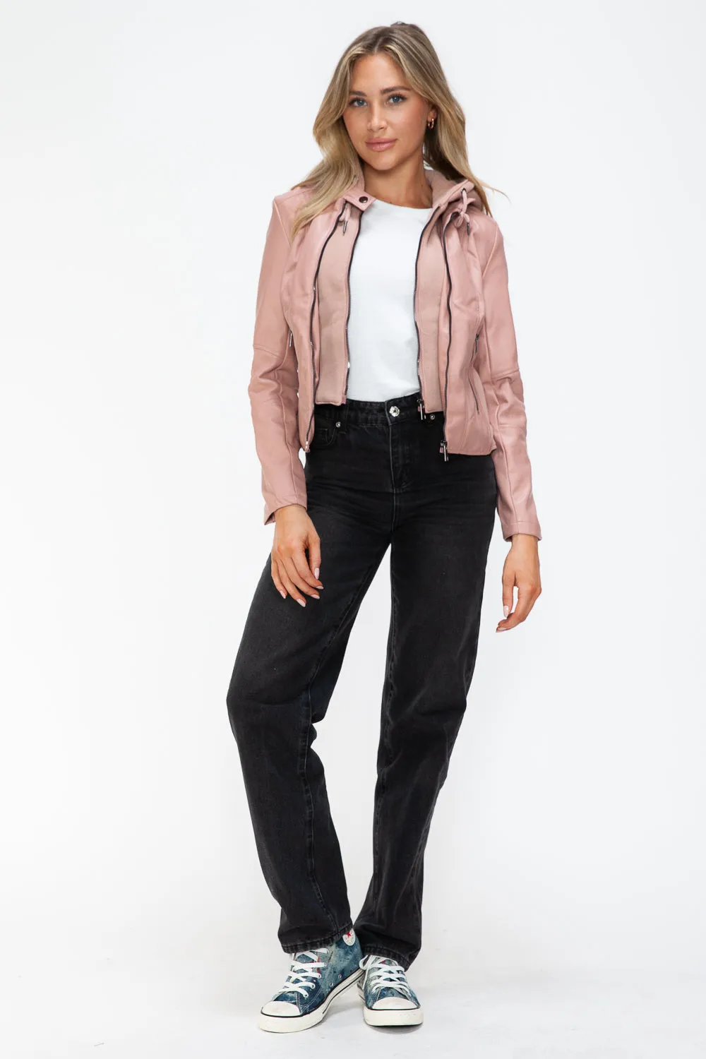 TR-10010086233 Snobbish Faux Leather Zip Up Drawstring Hooded Jacket