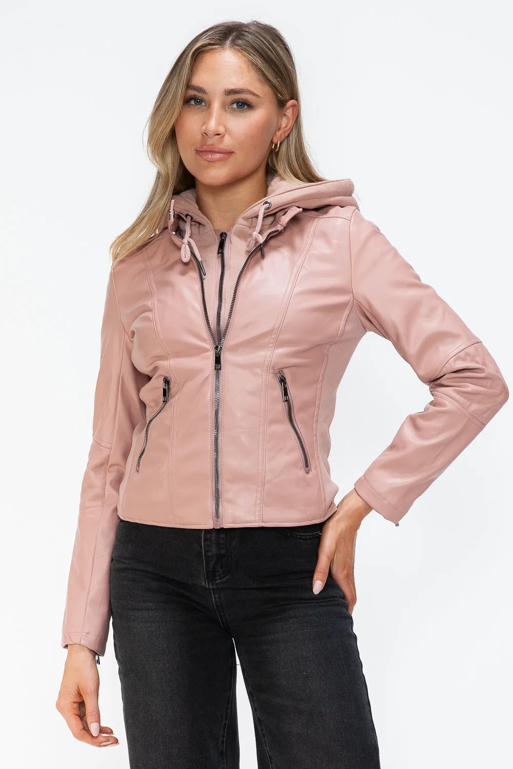 TR-10010086233 Snobbish Faux Leather Zip Up Drawstring Hooded Jacket