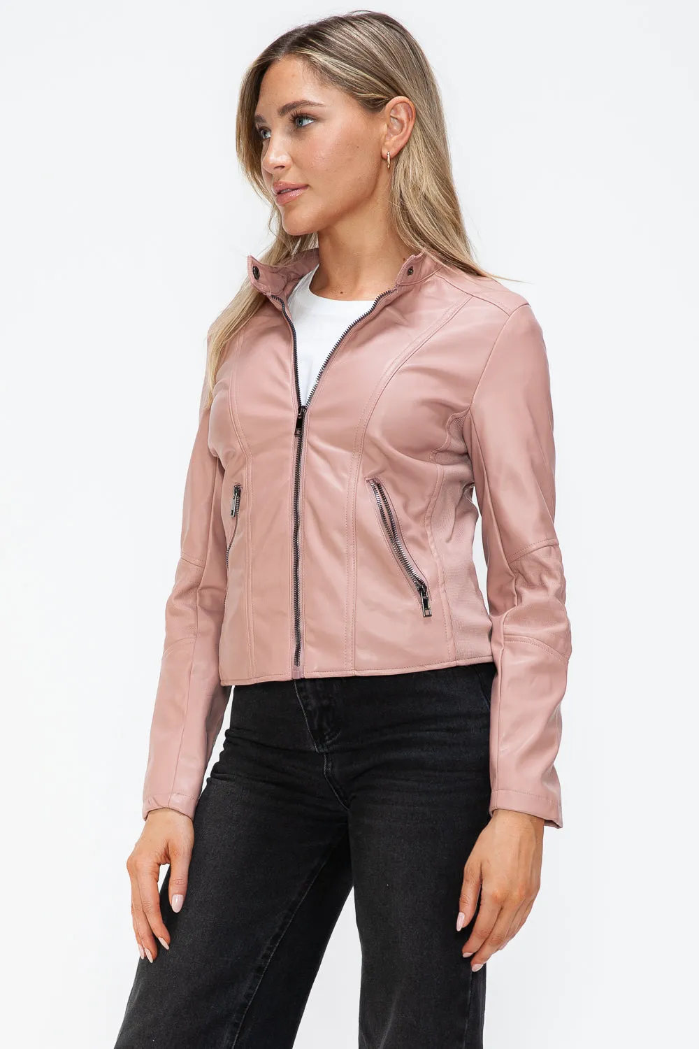 TR-10010086233 Snobbish Faux Leather Zip Up Drawstring Hooded Jacket