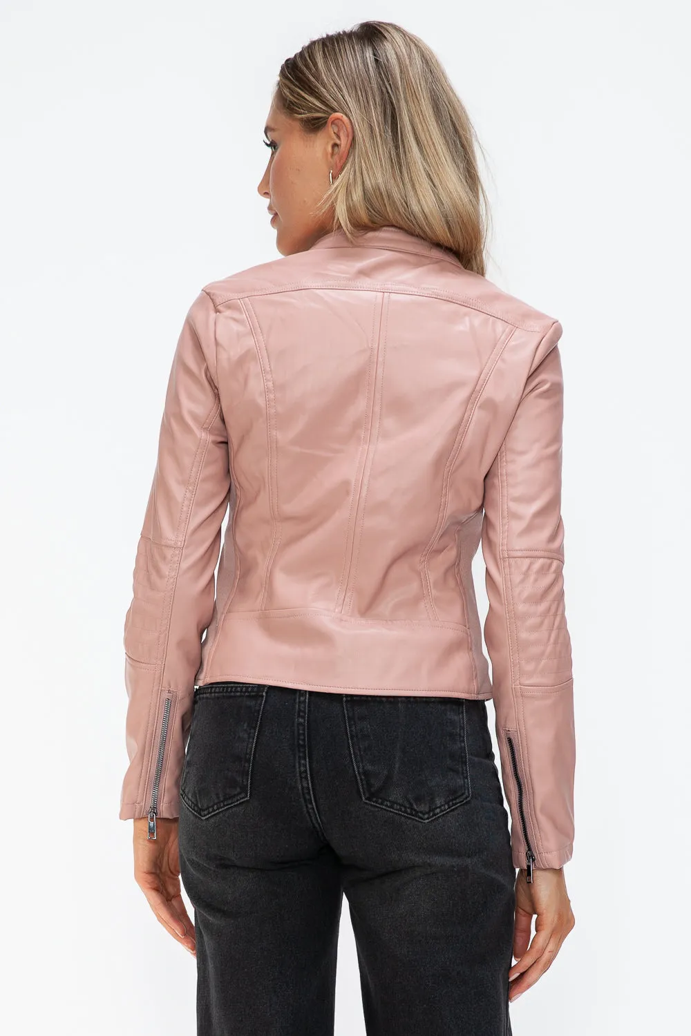 TR-10010086233 Snobbish Faux Leather Zip Up Drawstring Hooded Jacket