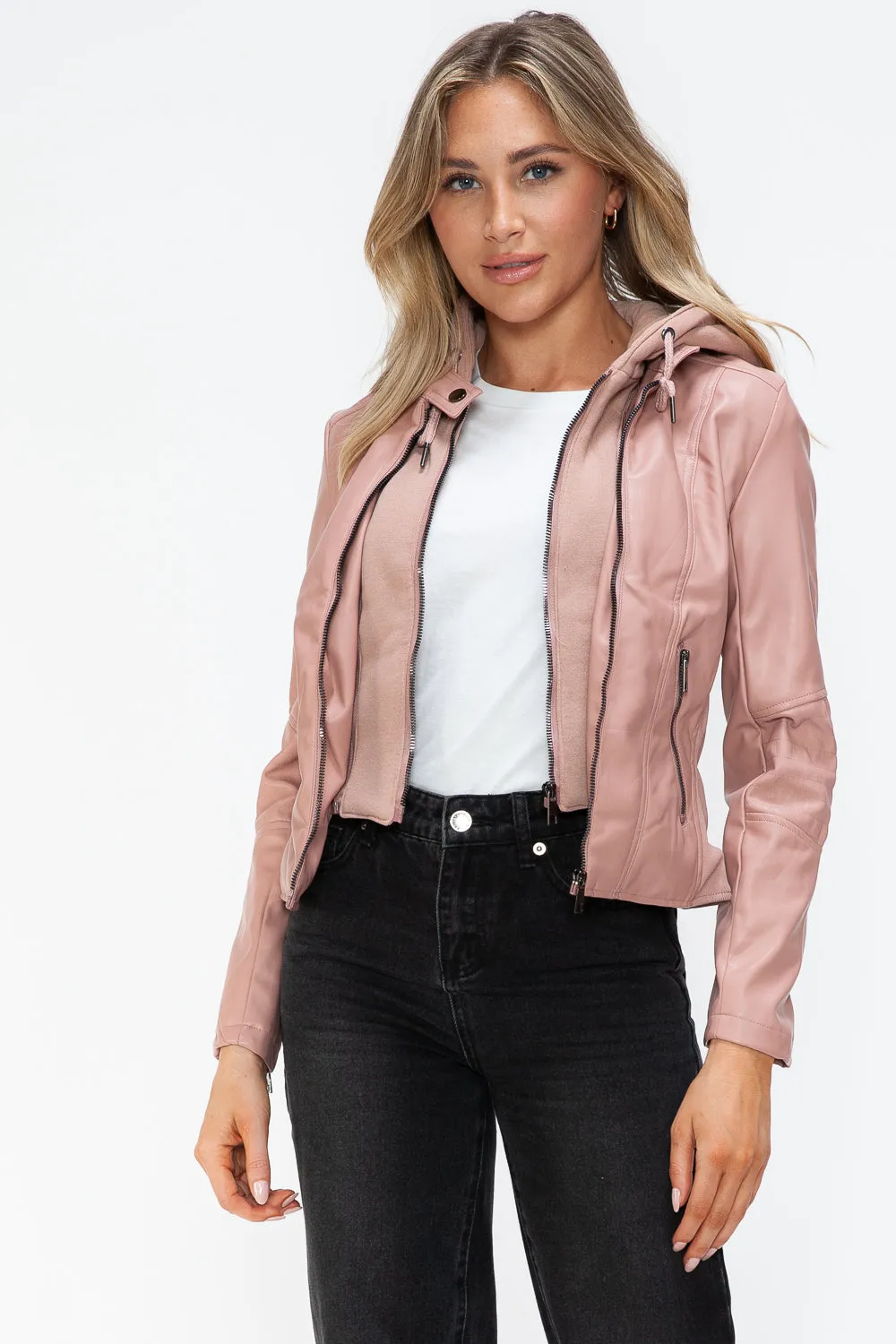 TR-10010086233 Snobbish Faux Leather Zip Up Drawstring Hooded Jacket