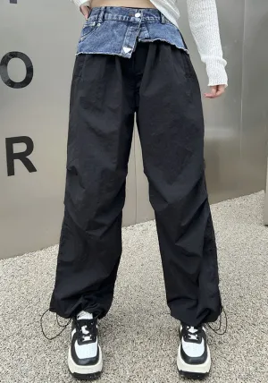 Trendy Denim Patchwork Wide-Leg Cargo Pants with Drawstring Hem
