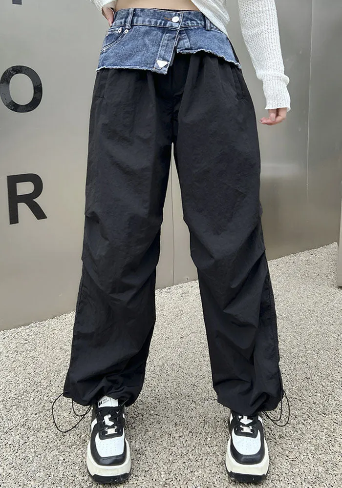 Trendy Denim Patchwork Wide-Leg Cargo Pants with Drawstring Hem