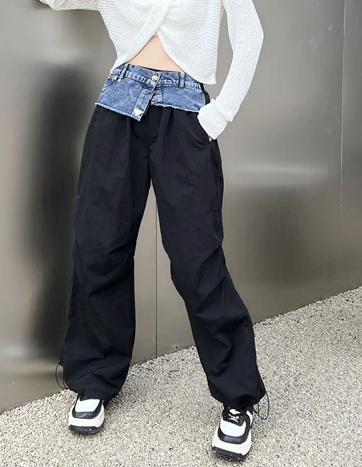 Trendy Denim Patchwork Wide-Leg Cargo Pants with Drawstring Hem