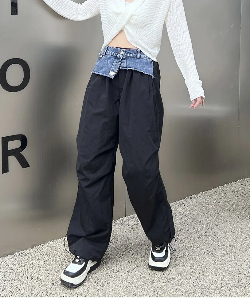 Trendy Denim Patchwork Wide-Leg Cargo Pants with Drawstring Hem