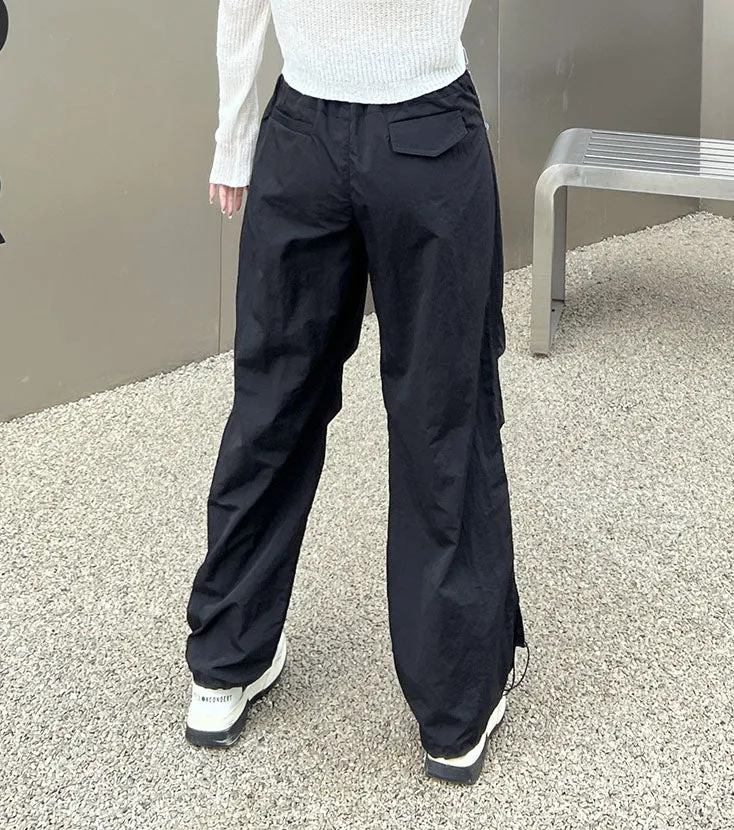 Trendy Denim Patchwork Wide-Leg Cargo Pants with Drawstring Hem