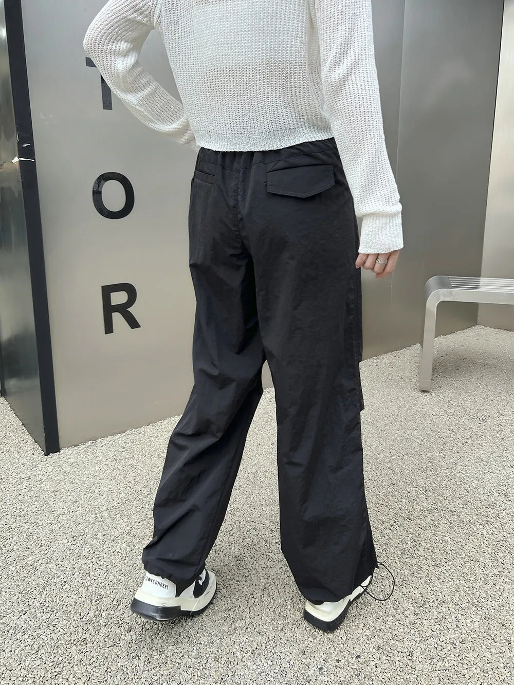 Trendy Denim Patchwork Wide-Leg Cargo Pants with Drawstring Hem
