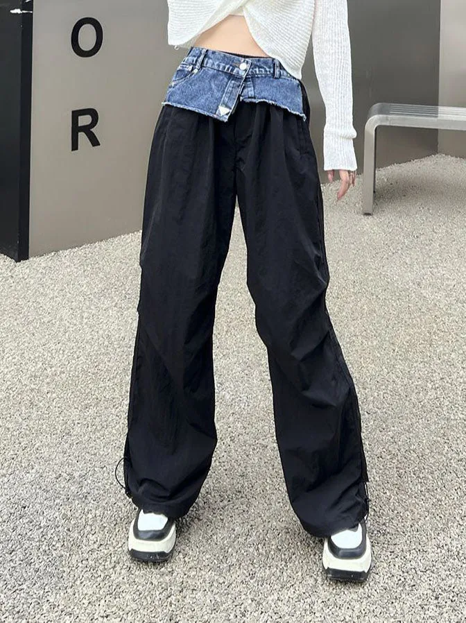 Trendy Denim Patchwork Wide-Leg Cargo Pants with Drawstring Hem