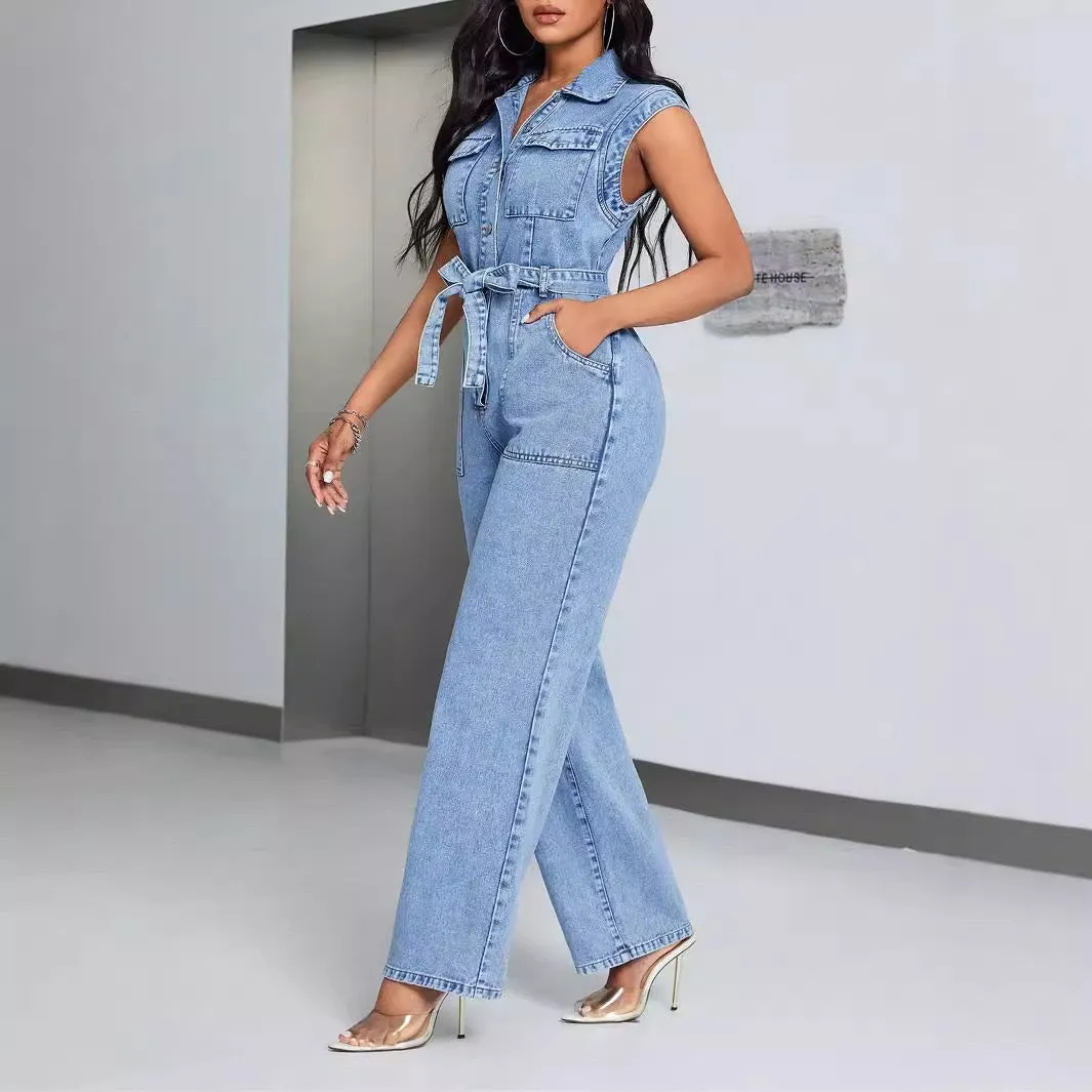 Trendy Lace-Up Patchwork Washed Sleeveless Denim Jumpsuit for Bold Casual Style