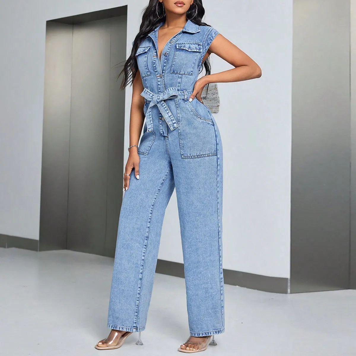 Trendy Lace-Up Patchwork Washed Sleeveless Denim Jumpsuit for Bold Casual Style