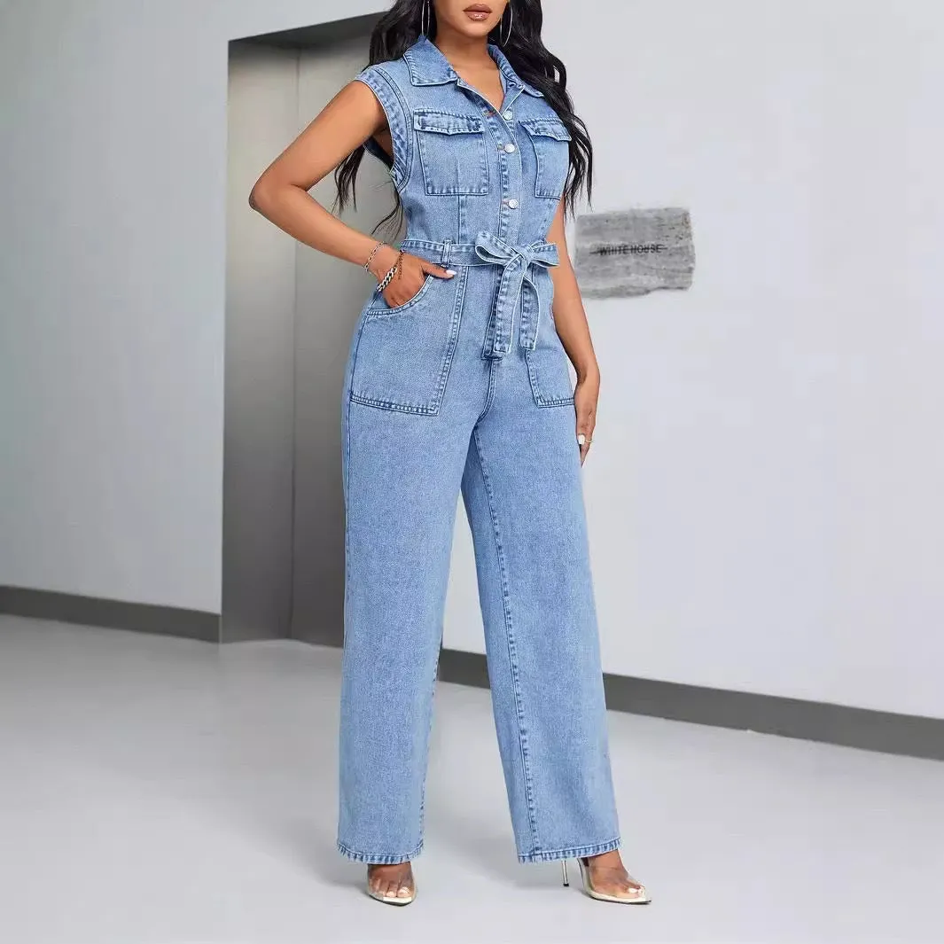 Trendy Lace-Up Patchwork Washed Sleeveless Denim Jumpsuit for Bold Casual Style